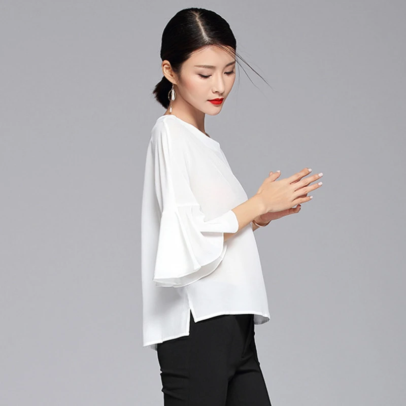 100% Silk Blouse Women White Shirt Solid O Neck Three-quarter Butterfly Sleeves Simple Design Plus Sizes Top New Fashion 2018