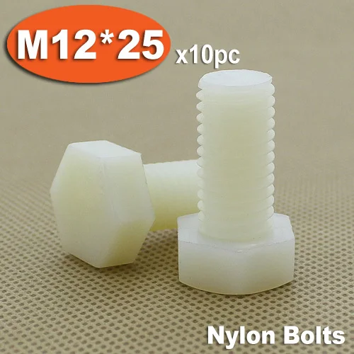 

10pcs DIN933 M12 x 25 Fully Threaded White Plastic Nylon Bolts Hexagon Hex Head Bolt Set Screw Setscrews