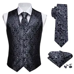 Barry Wang-Classic Black Paisley Jacquard Terno dos homens, Colete de Seda Folral, Coletes, Lenço, Gravata, Colete, Terno, Bolso, Quadrado, Designer