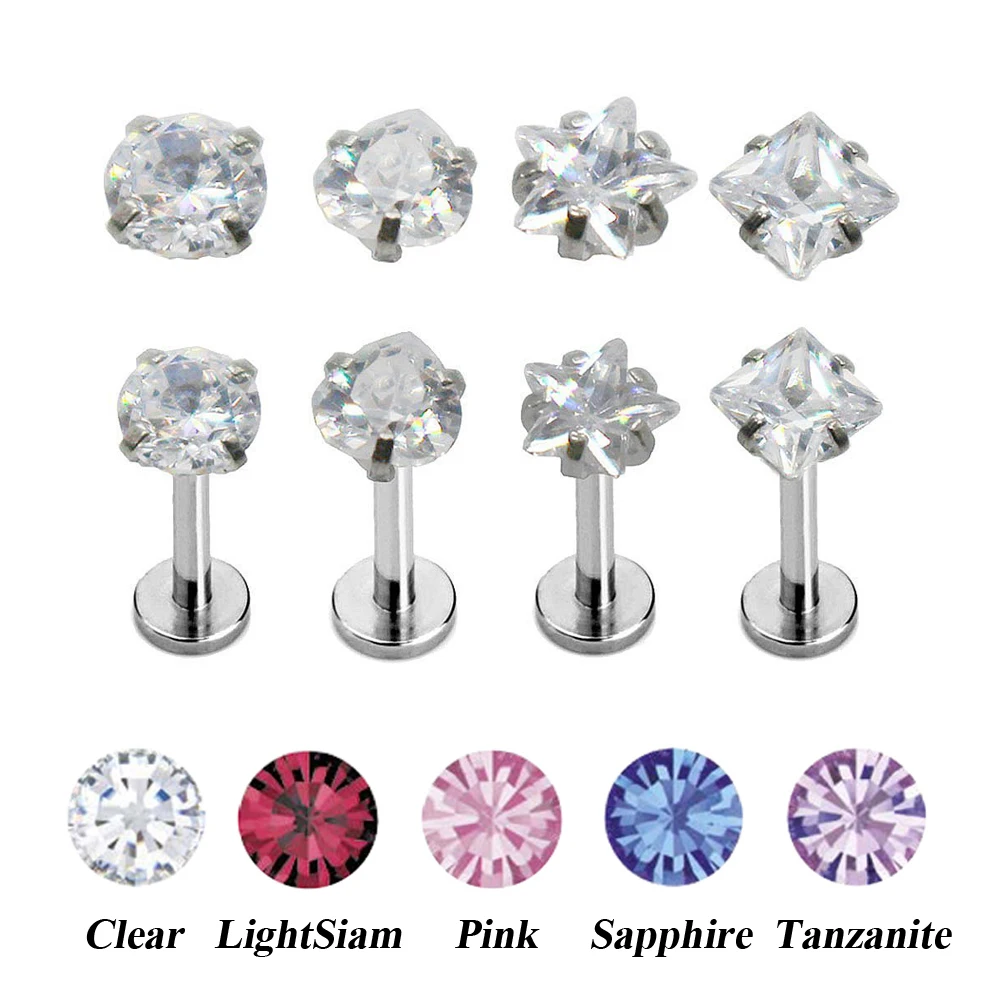 20 pcs Internally Threaded Heart/Star/Square/Round Shape Gem Crystal Labret Lip Stud Ring Ear Tragus Helix Piercing Body Jewelry