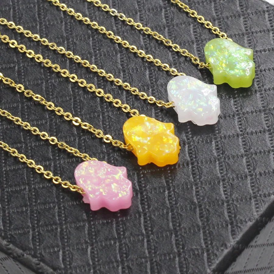 Fnixtar 2Pcs/Lot Stainless Steel Gold Color 45cm Chain Opal Hamsa Hand Fatima Pendant Necklace For Women\'s Fashion Necklace