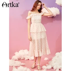 ARTKA 2018 Summer New Jacquard Doted Print Chiffon Strapless High Waist Short Flying Sleeve Cupcake Dress LA11281X