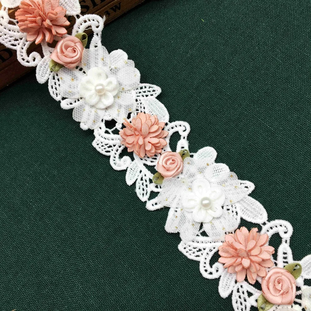 

1 Yard Soluble White Pink Pearl Rose Flower Embroidered Lace Trim Ribbon Fabric Sewing Craft For Costume Hat Shoes Decoration