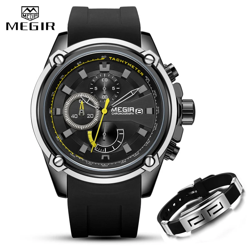 Top Brand MEGIR Watch Men Sport Business Chronograph Silicone Strap Quartz Mens Watches +Bracelet Set Men\'s Military Wrist Watch