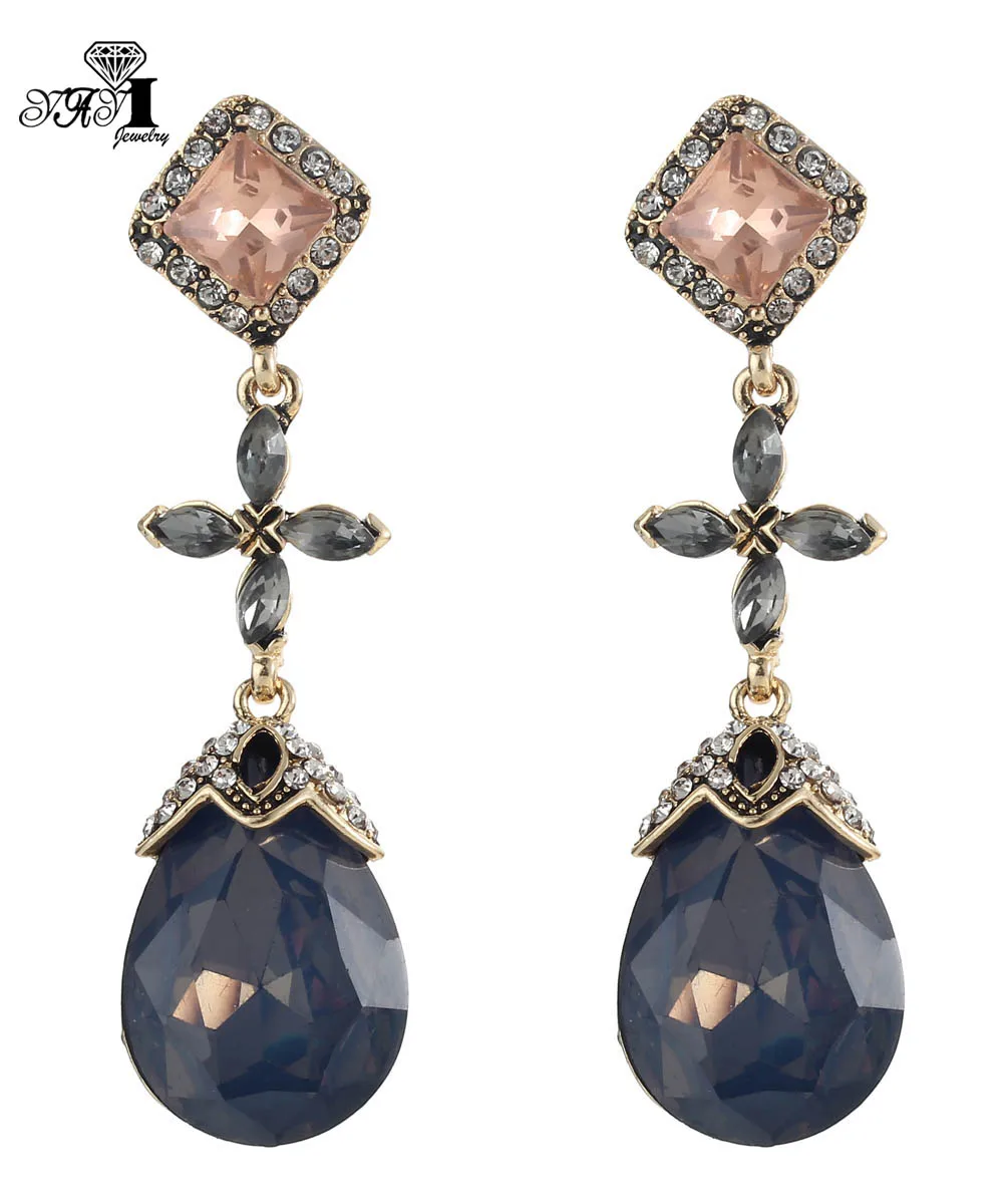 YaYi Gray White Glass Gray Rhinestone Dangle  Crystal Earring Women's Fashion Ancient Gold Color Gem Earrings For Women 1148