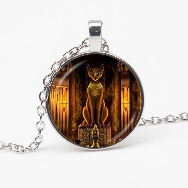 Popular Ancient Egyptian Cat Goddess Statue Pendant Necklace Glass Round Pattern Hanging Chain Men Women Accessories Gift Friend