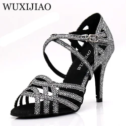 WUXIJIAO Women Party Dance Shoes  Satin Shining rhinestones Soft Bottom Latin Dance Shoes Woman Salsa Dance Shoes heel5CM-10CM