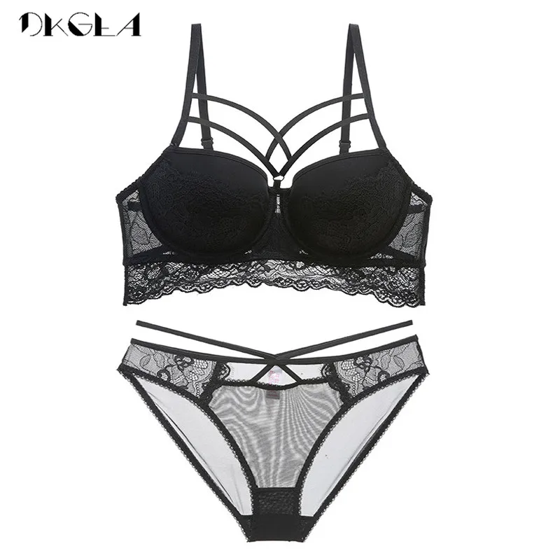 2020 Top Sexy Bra Set Push-Up Brassiere Bandage Black Embroidery Lingerie Sets Women Thick Gather Underwear Set Cotton Bras Lace