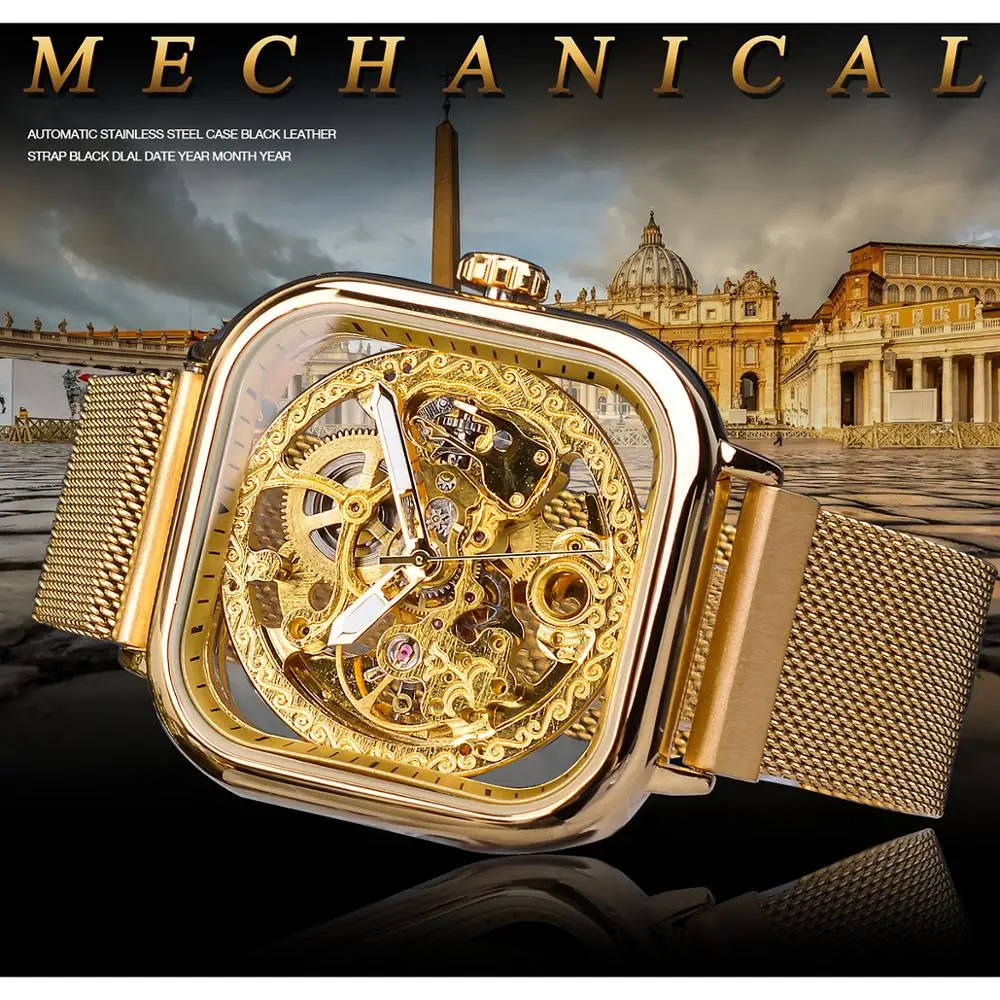 Forsining Golden Men Automatic Watch Square Skeleton Mesh Steel Band Mechanical Business Clock Relogio Masculino Erkek Kol Saati