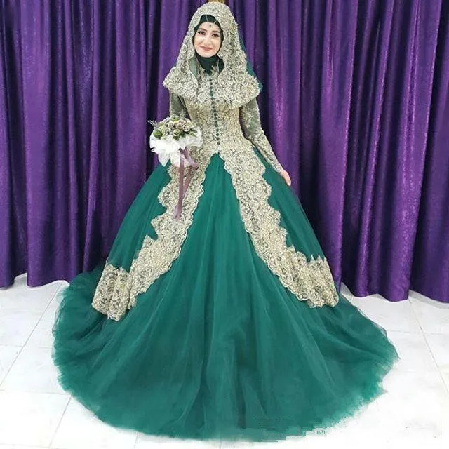 2020 muçulmano caçador vestido de baile vestidos de casamento com apliques de renda dourada mangas compridas com hijab plus size vestidos de casamento nupcial