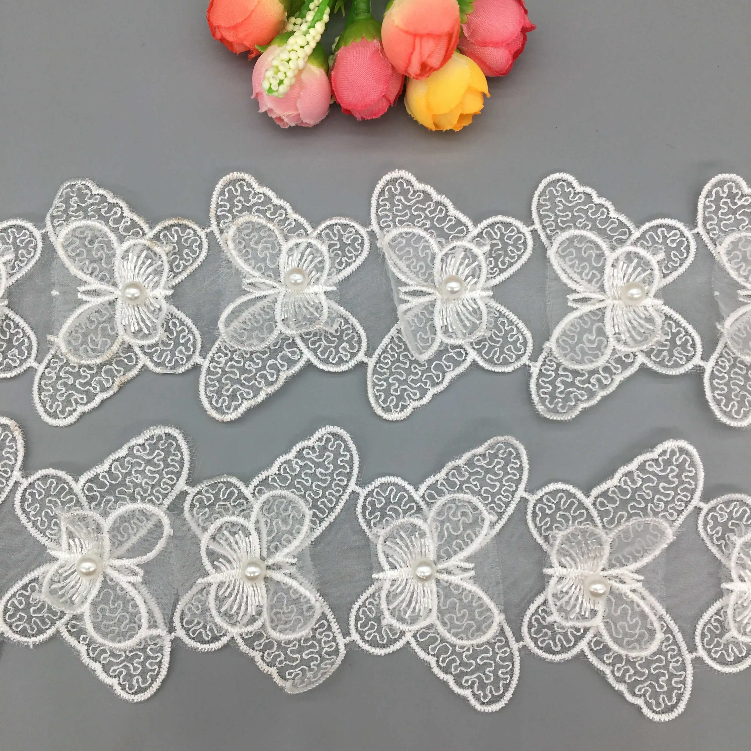 20x French Lace Fabric Butterfly Pearl Embroidered Lace Trim Ribbon Patches Applique Wedding Dress Fabric DIY Sewing Craft