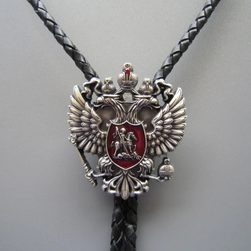 Vintage Silver Plated Russian Double Headed Empire Eagle Rhinestone Bolo Tie Neck Tie Necklace