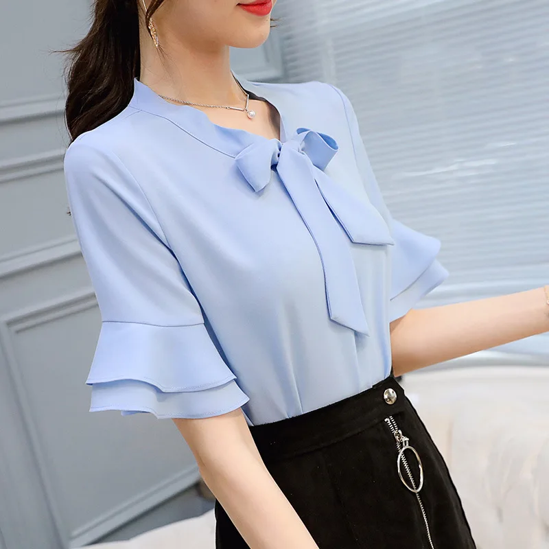 Neue Koreanische Chiffon-Blusen Büro Damen Frühling Sommer Reine Farbe Bowknot Casual Shirt Frauen Nehmen Kurzarm Freizeit Top H9106