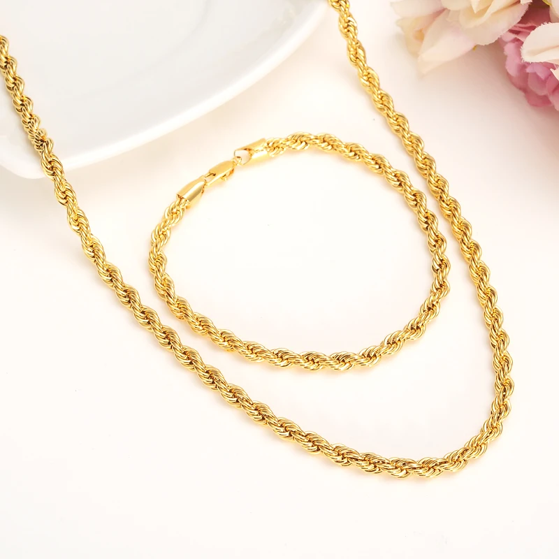 24k Gold color  Filled Necklace Chain for Men and Women Necklace Bracelet  Gold rope Chain Necklace High Quality