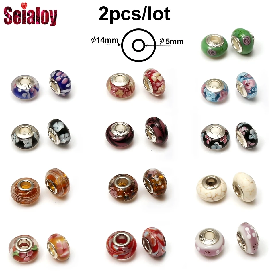 2Pcs/lot European Colorful Murano Glass Beads Anime Flower Charm Beads Fit Original Brands Bracelets & Bangles Couples Jewelry