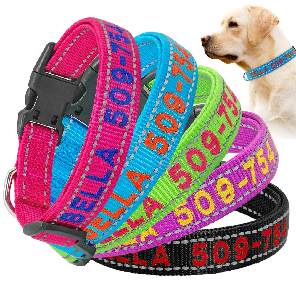 Personalized Dog Collar Custom Embroidered Nylon Dog ID Tag Collars Reflective Pet Name Phone Collar For Small Medium Large Dogs