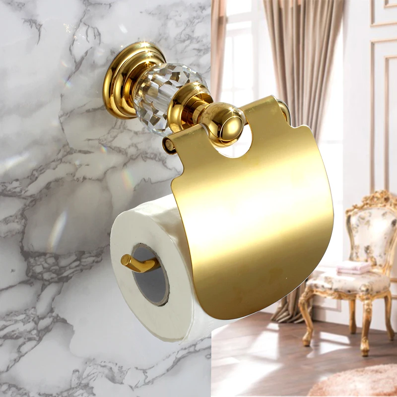 

New Wall Mounted luxury Crystal Style Solid Brass gold Toilet Paper Holder Golden tissue holder Bathroom accessories