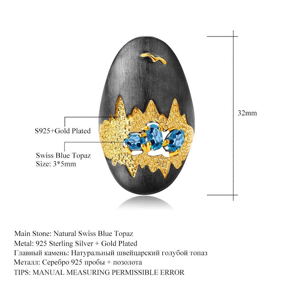 GEM'S balet přírodní švýcarský modrá topaze gemstones zdvižený prostředík prsten 925 mincovní stříbro ruční jeskyně poklad kroužky pro ženy bijoux