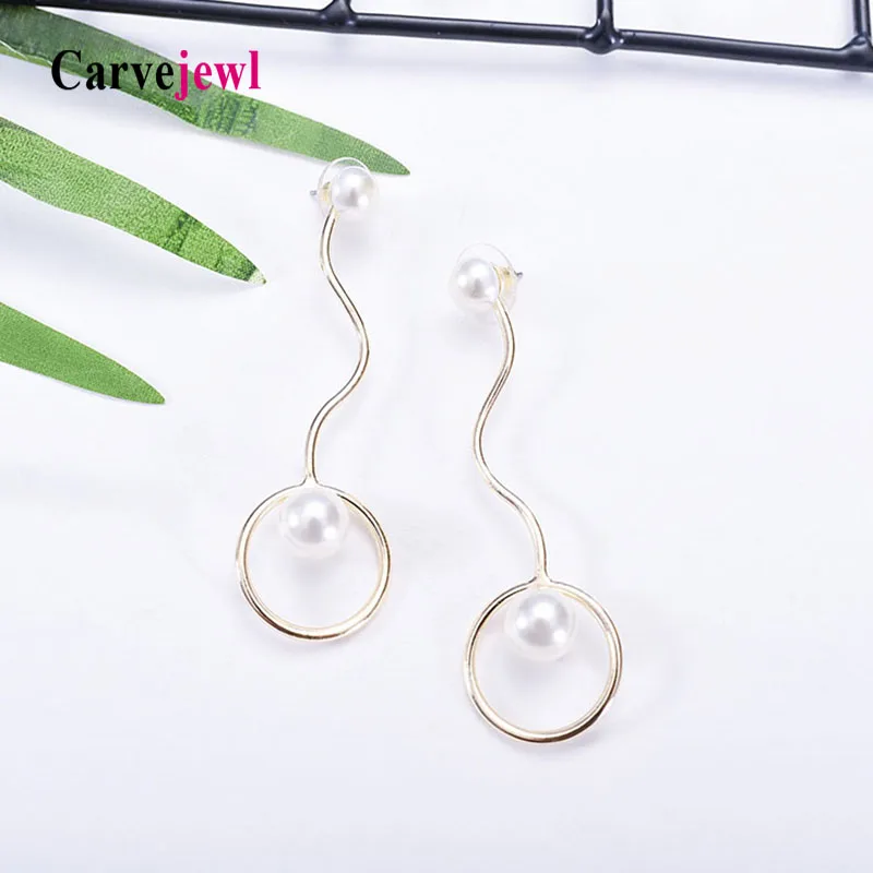 Carvejewl long stud earrings simple round simulated pearl earrings for women jewelry romantic new fashion double sided  earrings