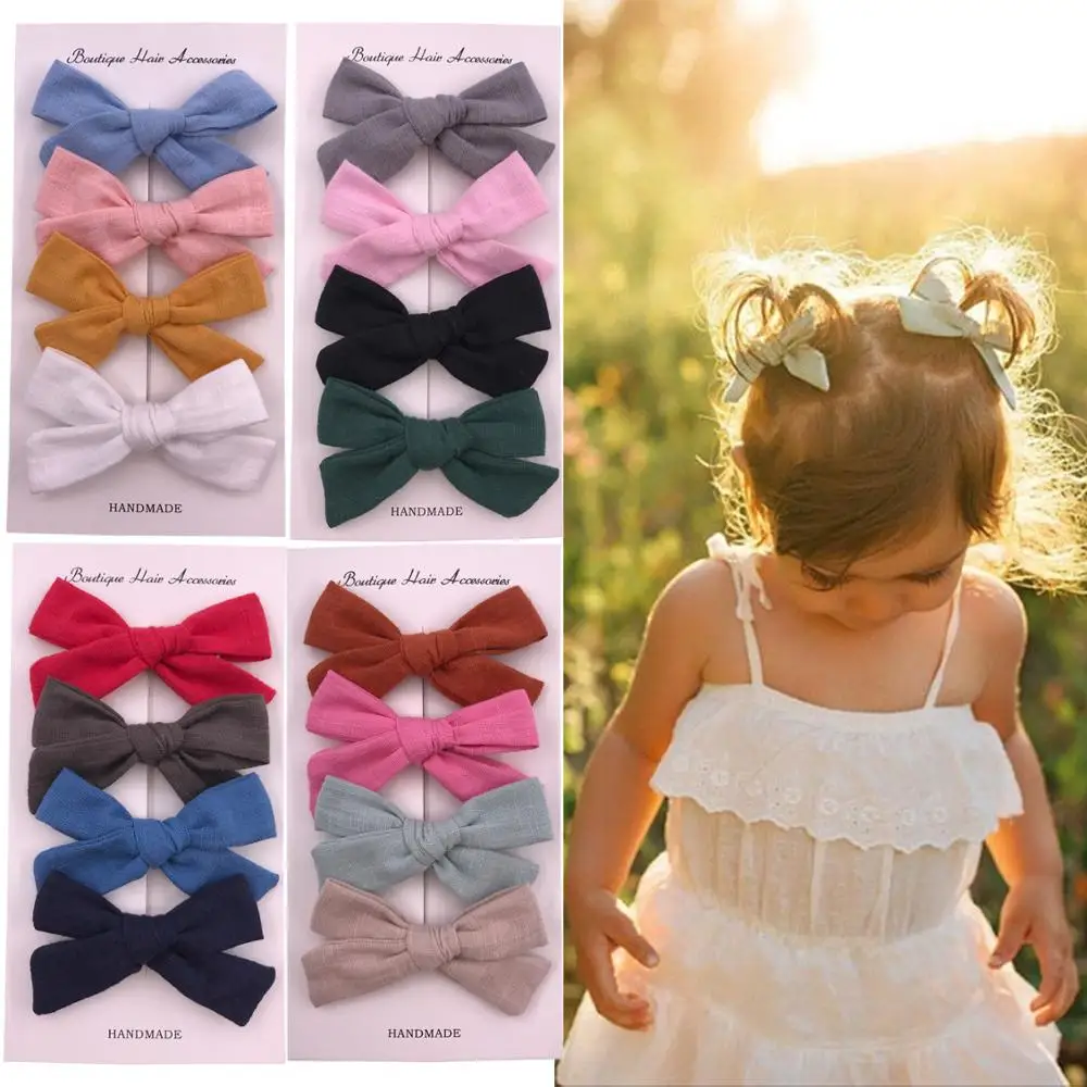 Sweet Sets (4pcs) Cotton Fabric hair bow clips Baby Girls 3-inch bows Hair clip Barrettes Hairgrip Schoolgirl Hair bow Accessory