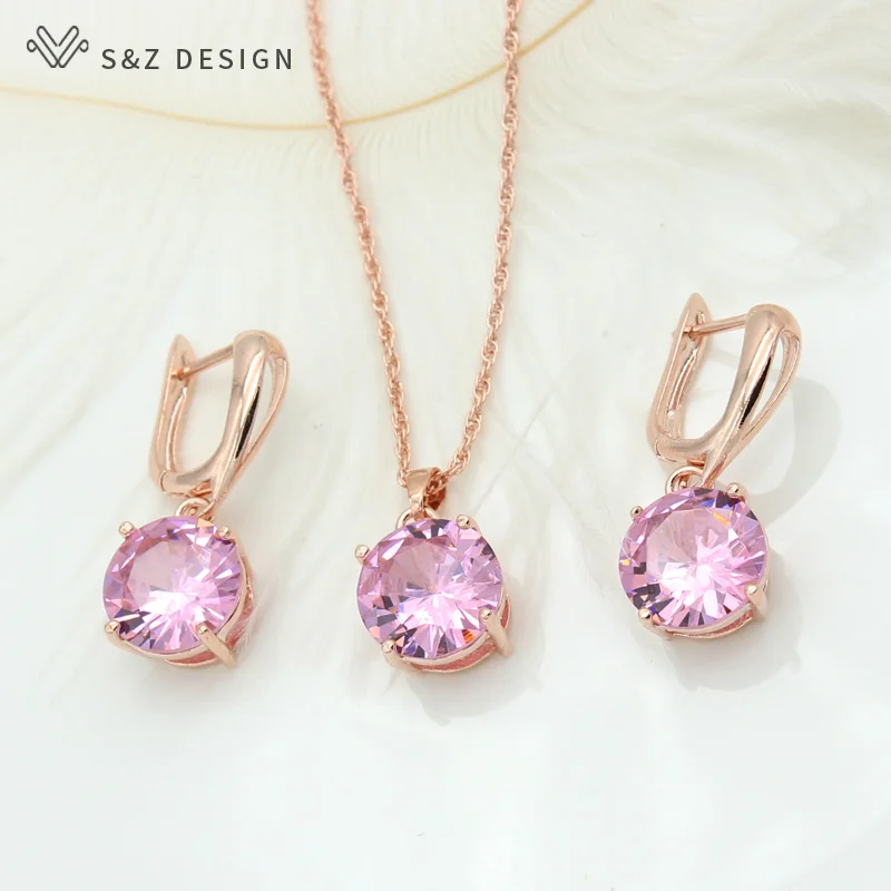 S&Z DESIGN New Classic Big Round Cubic Zirconia Dangle Earrings Jewelry Sets For Women 585 Rose Gold Color Wedding Party Gift