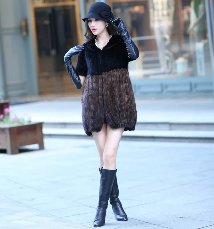 New women coat with genuine mink fur hand knitted warm autumn winter with pocket two-color casual 80cm long fur vest K151