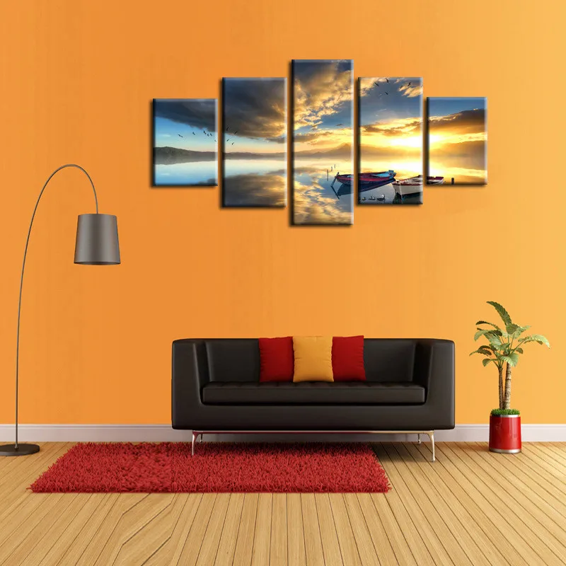 YRHCD Unframed Spray Canvas Painting 5 Panels Sunset in Lake Wall Posters for Living room Hotel Decoration Home Wall ornament