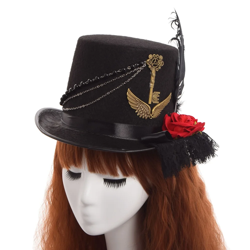 Men Women Handmade Steampunk Top Hat With Gear Cosplay Headwear Red Rose Chain Magic Hat