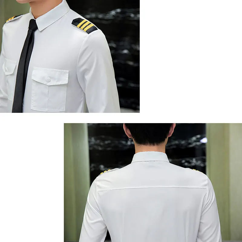 White Pilot Uniform for Men Slim Single Breasted Long Sleeve Air Force Pilot Shirt 2024 Autumn Casual Office Work Cosplay  Tops