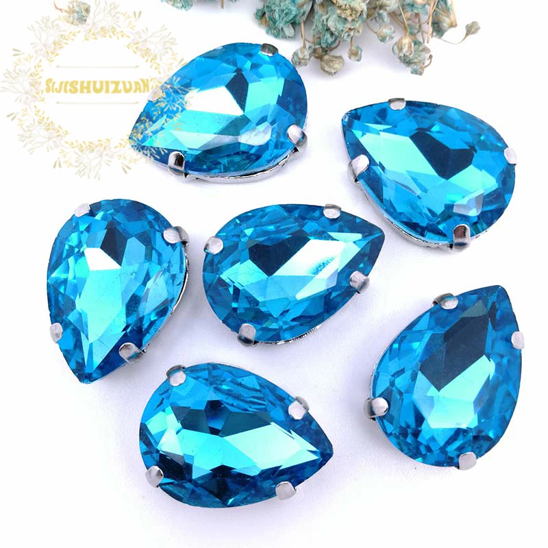 Turquoise Blue Water droplet shap Crystal Glass Sew-on Rhinestones with Claw DIY Dresses and Clothes13*18 10*14 7*10 18*25 20*30