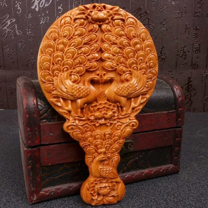 Long Yi wood carving peacock peony mirror mirror portable bestie birthday gift wedding gift to send his girlfriend