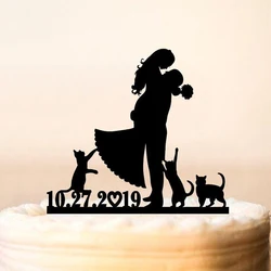 Custom Personalized Date Wedding cake topper with cats,Bride and groom with cats Wedding Cake Decor,Anniversary Topper Decor