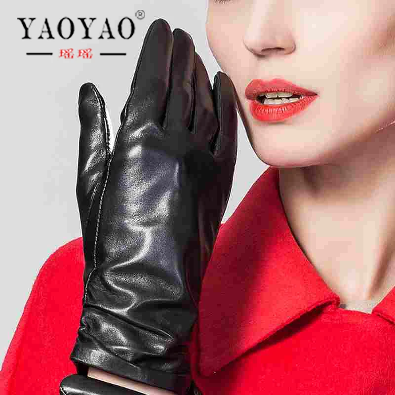 YY8176 Ladies New Arrival Spring/Autumn Genuine Leather Medium Long Thin/Thick Black Gloves Women Simple Commercial Ruffle Luvas