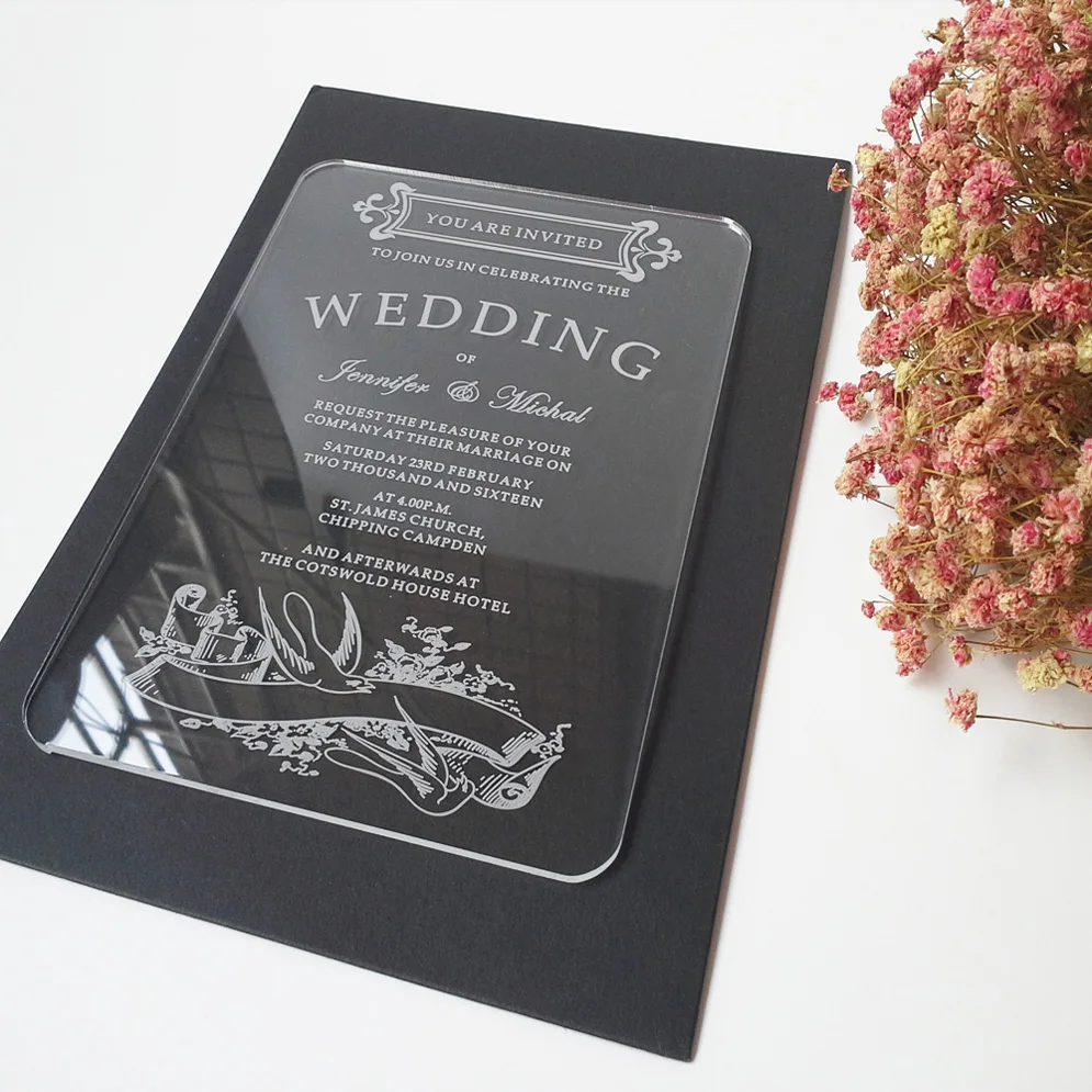 

Sample order for 5*7inch Vintage swallow elements rectangle shape clear acrylic wedding invitations
