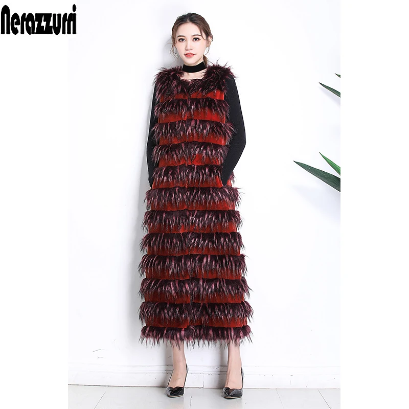 Nerazzurri Winter Long Shaggy Warm Thick Patchwork Faux Fur Vest Women Elegant Striped Furry Waistcoat Sleeveless Jacket 2021