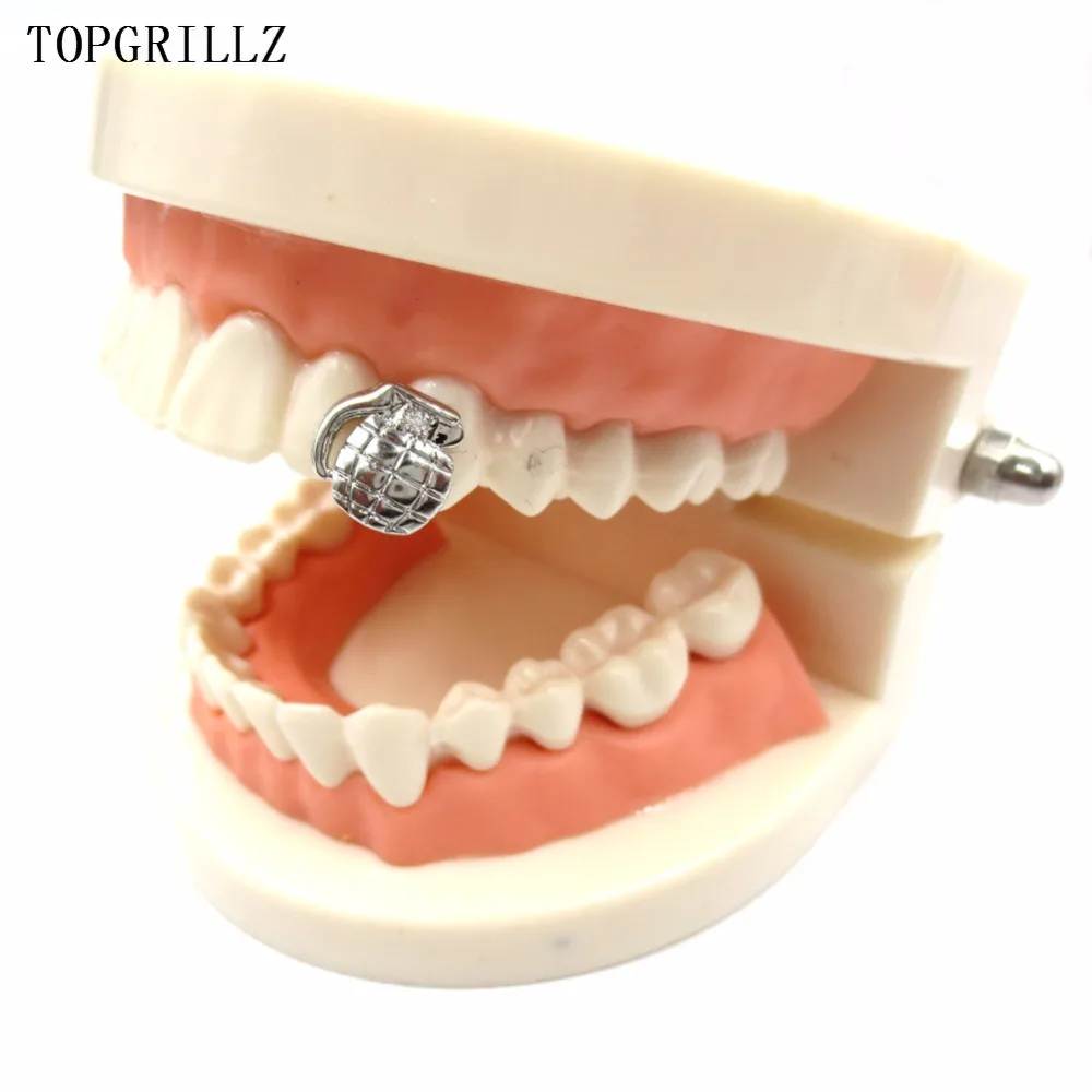 TOPGRILLZ New Fit Gold Color Plated Hip Hop Single Grenade Tooth Grillz Cap Top & Bottom Grill gold teeth caps.Gift