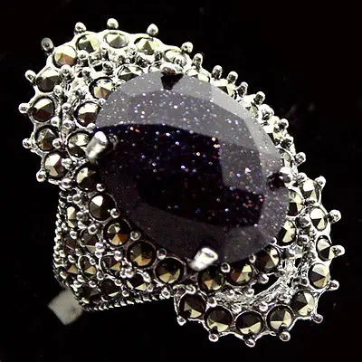 17*29mm NEW JEWELRY BLUE SANDJADE MARCASITE 925 STERLING SILVER RING SIZE 7/8/9/10