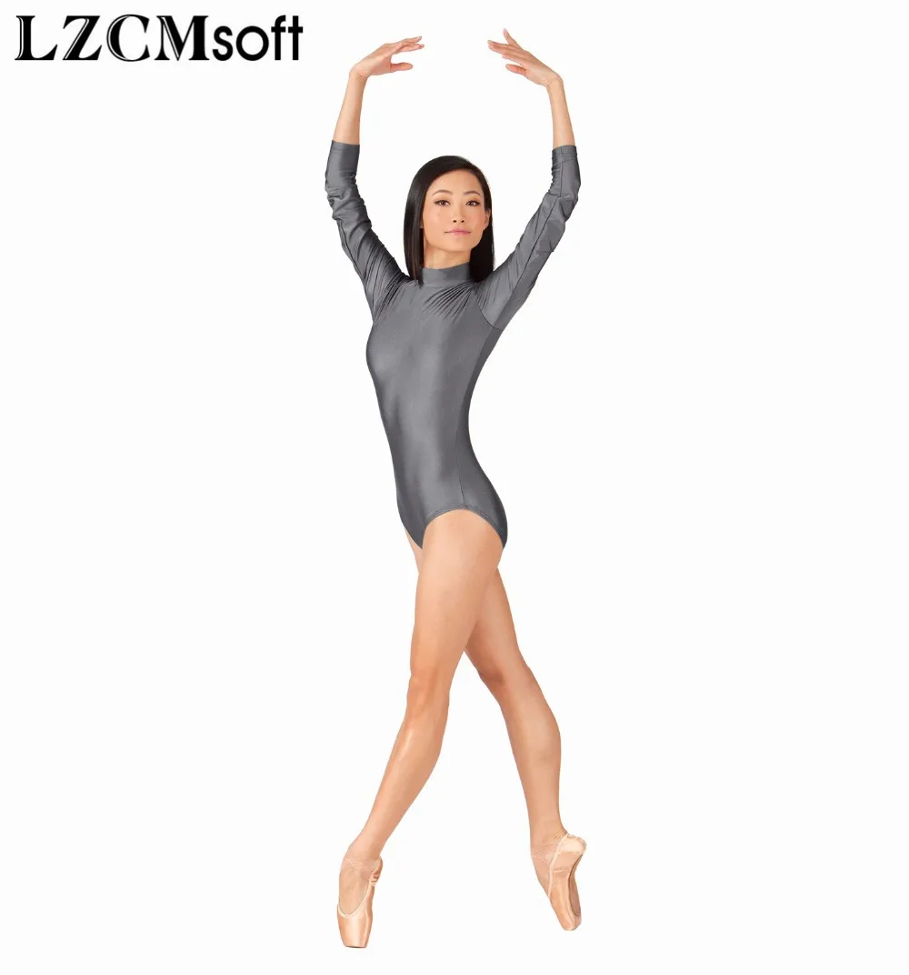 LZCMsoft Adult Long Sleeve Ballet Dance Gymnastics Leotards Bodysuit High Neck Elastic Black Leotard for Women Spandex Dancewear