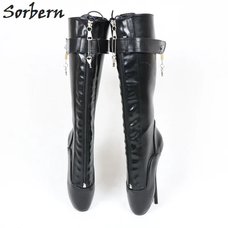 Sorbern Customized Fetish Lockable Zipper Ballet Boots Knee High For Women Padlock Black Matte Multi Color