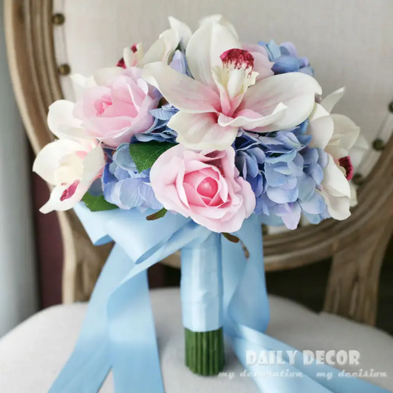 

Blue + Pink color Artificial silk rose Hydrange flower wedding bride / bridal bouquet Bridesmaid holding flower for wedding