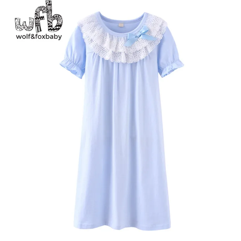 Retail 4-16 years cotton short-sleeved nightdress lace pajamas home service spring fall autumn