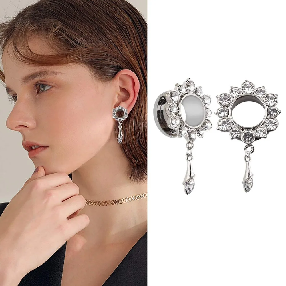 KUBOOZ Most Popular Stainless Steel Flower Crystal Pendant Ear Tunnels Gauges Piercing Body Jewelry Fashion Ear Plugs Expanders