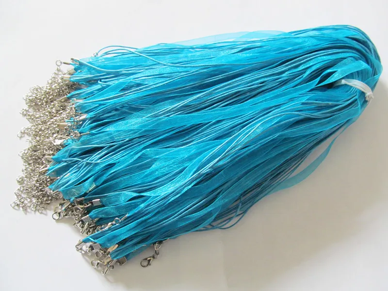 

Free Shipping 50pcs 18inch Lake Blue Organza Ribbon Wax Cotton Necklace Cord String,Extender Chain,Lobster Clasp,DIY Accessory