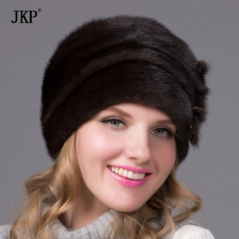 Russian Winter Fur Hat For Women Genuine Mink Fur Cap With Flower Style 2024 New Hot Warm High Quality Elegant Ladies Hat DHY-64