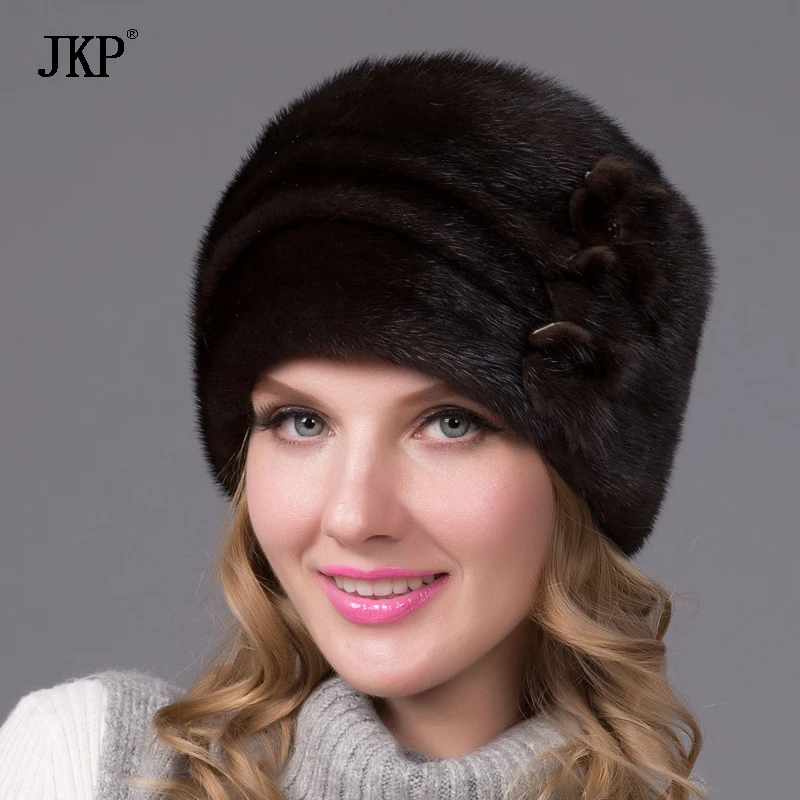 Russian Winter Fur Hat For Women Genuine Mink Fur Cap With Flower Style 2024 New Hot Warm High Quality Elegant Ladies Hat DHY-64