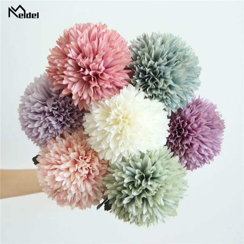 Meldel buquê de flores artificiais de casamento, pompom, flor de seda, branca, rosa, bola de flores, decoração para casa, buquê pompom