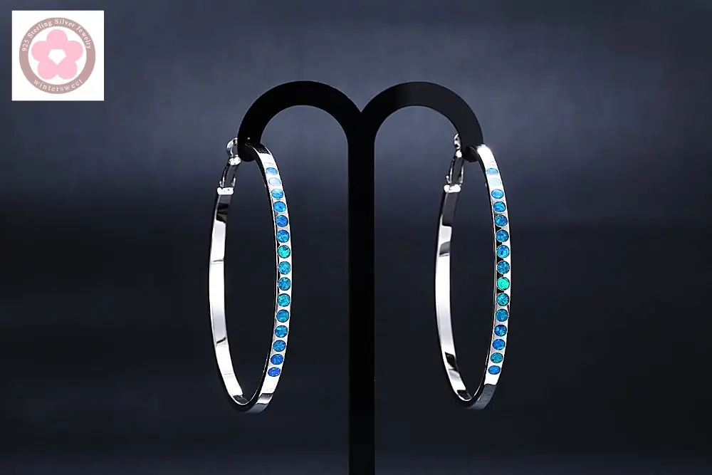 JLE584 Classic Big Ruond Blue Opal  Hoop Earrings For Women