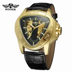 WINNER Automatic Mechanical Men Watch Racing Sports Design Triangle Skeleton Wristwatch Top Brand Luxury Golden Black Leather