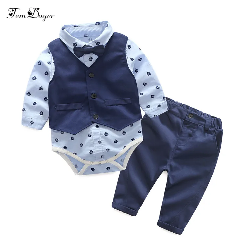 2017 fashion baby boy 3 piece set vest+tie rompers+pants formal party clothes sets infant boy clothes gentleman suit free ship