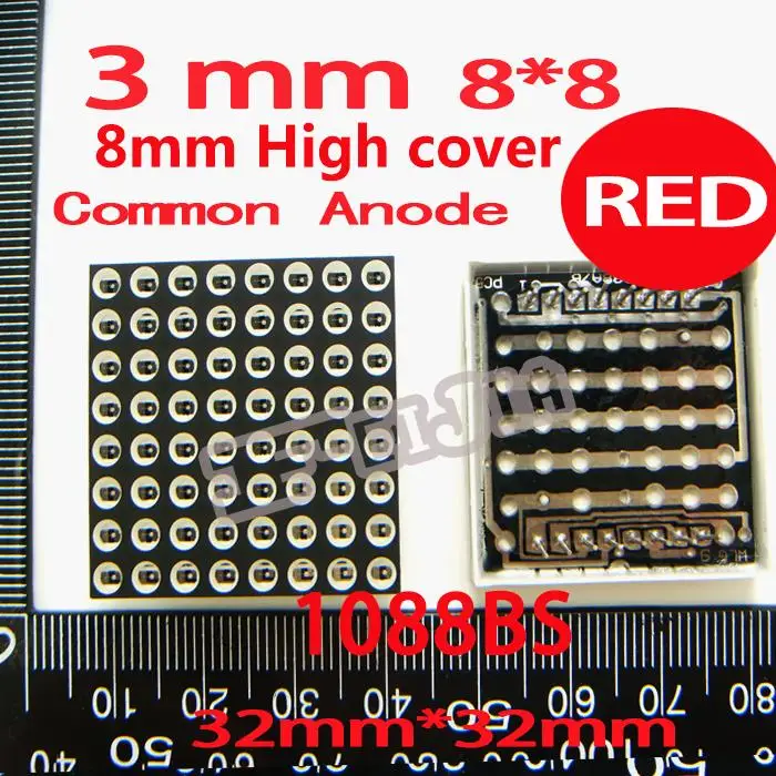 50PCS/LOT 3MM 8X8 Red 8MM High Cover Common Anode 32*32 LED Dot Matrix Digital Tube Module 1088BS Advertising Lights